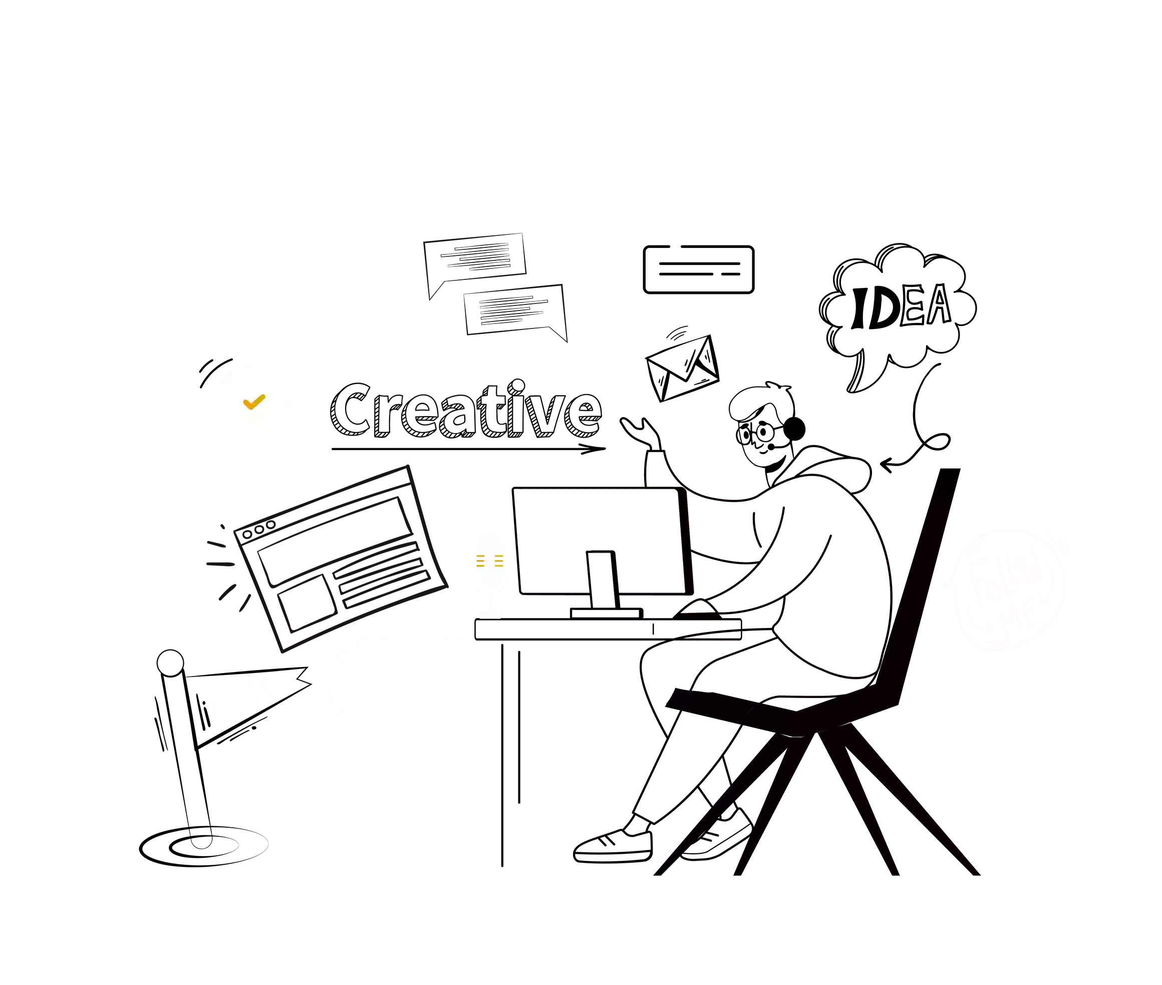 content strategy by hcf click, a person is sitting on table working on creatives, HCF click