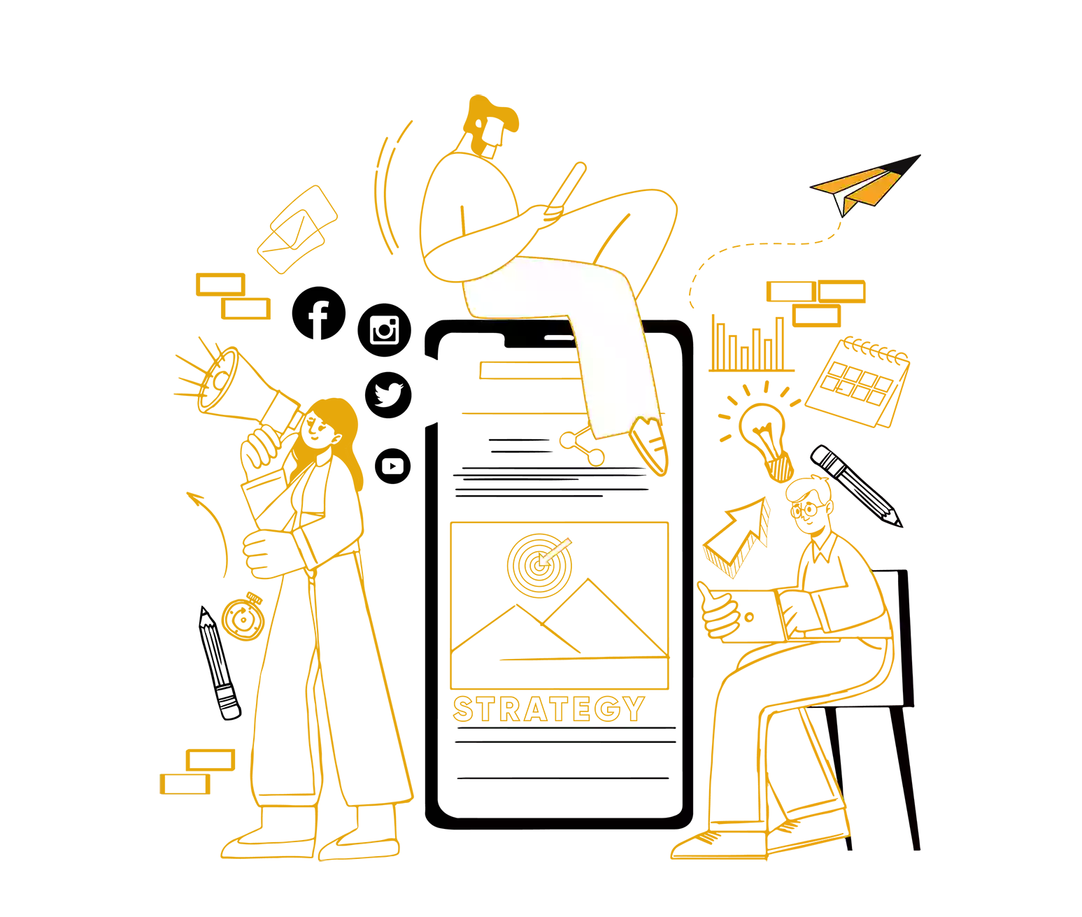 social media advertising by HCF click, three persons working together on strategy for social media